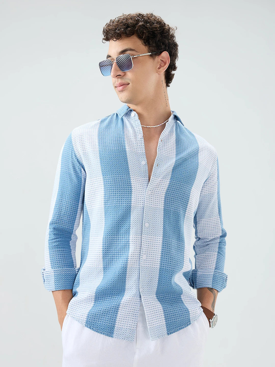 Denim Blue & White Micro Striped Weave Striped Shirt