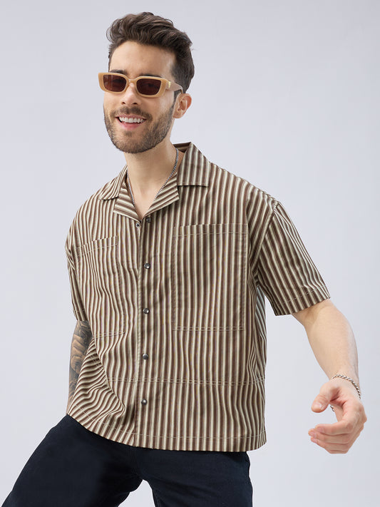 Desert Brown Contrast Striped Twin Pocket Oversized Crop Shirt