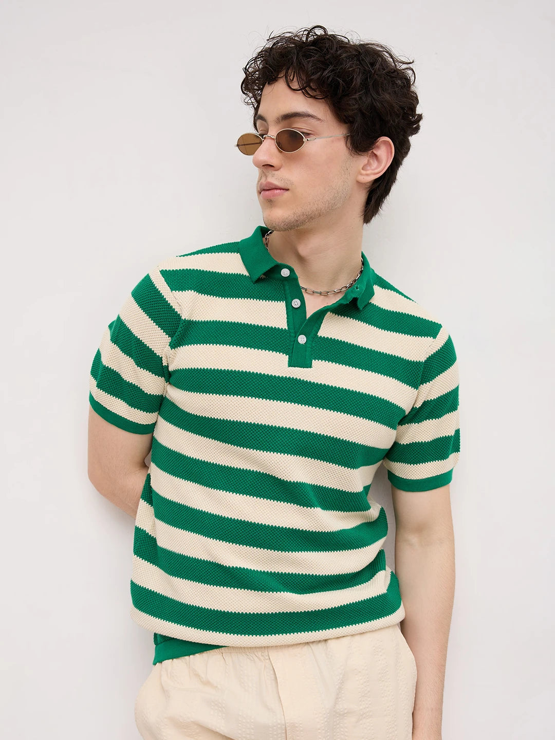 Emerald Green Coast Striped Flat Knit Polo T-Shirt