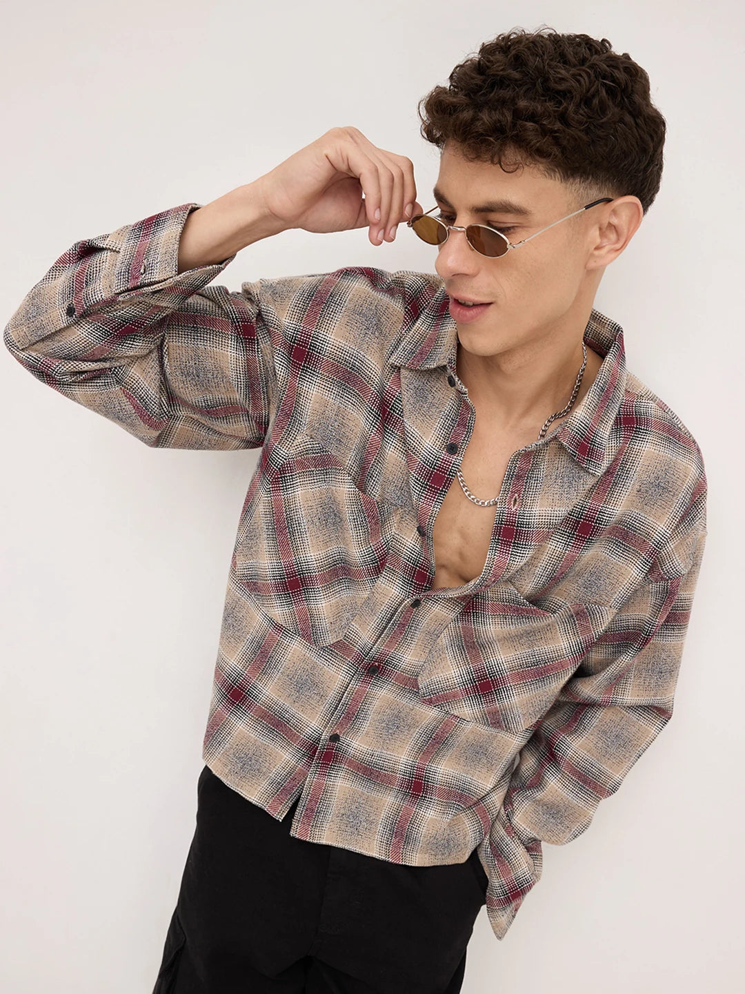 Maroon & Beige Twill Checks Boxy Fit Twin Pocket Crop Shirt
