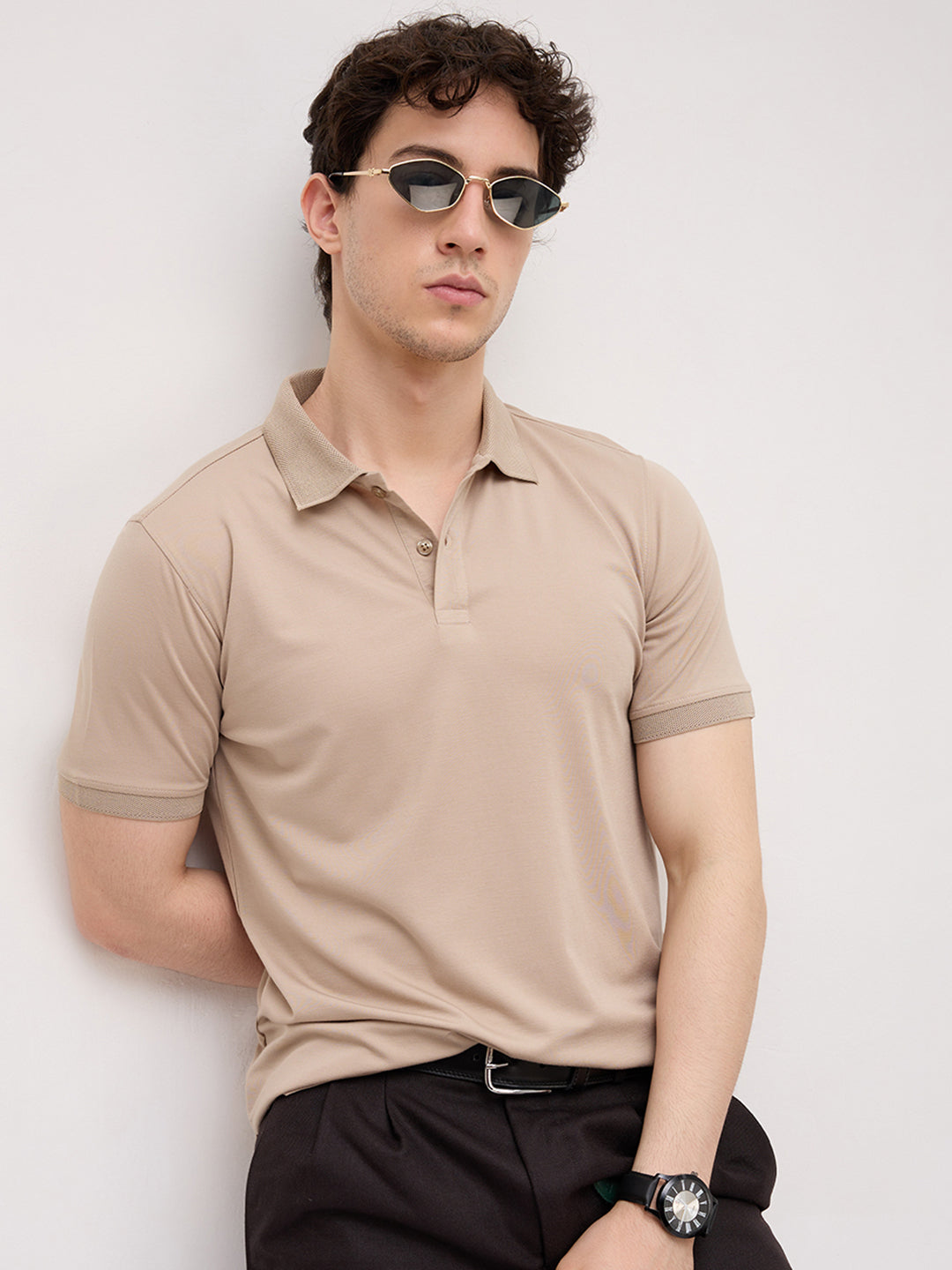 Soft Beige Honeycomb Polo Knit T-Shirt