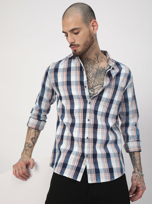 Denim Peach & Navy Plaid Checks Shirt
