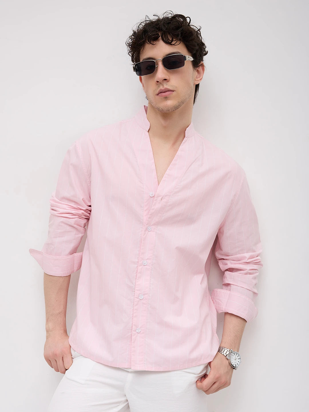 Baby Pink Pinstripe Stand Collar Oversized Shirt