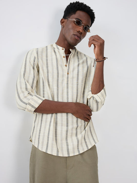 Natural Ivory Grey Loom Striped Kurta