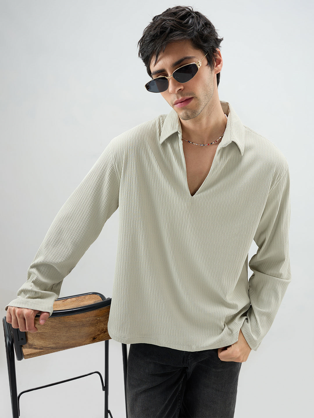 Sage Green Precision Ribbed Oversized Polo Knitted Shirt