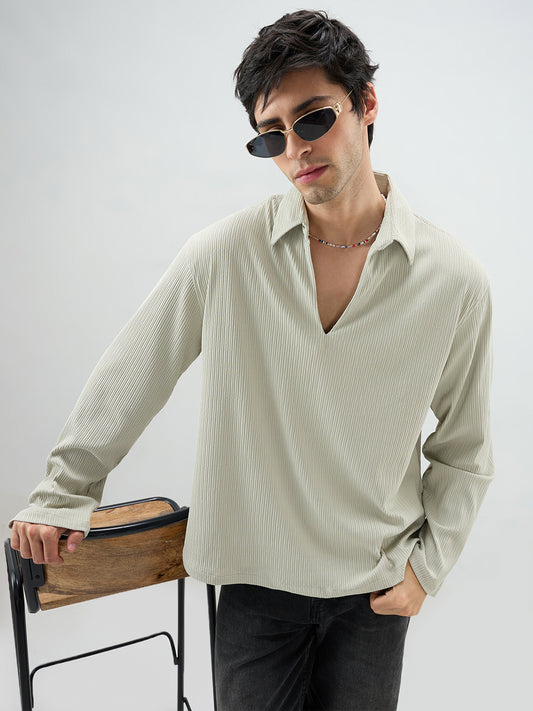 Sage Green Precision Ribbed Oversized Polo Knitted Shirt