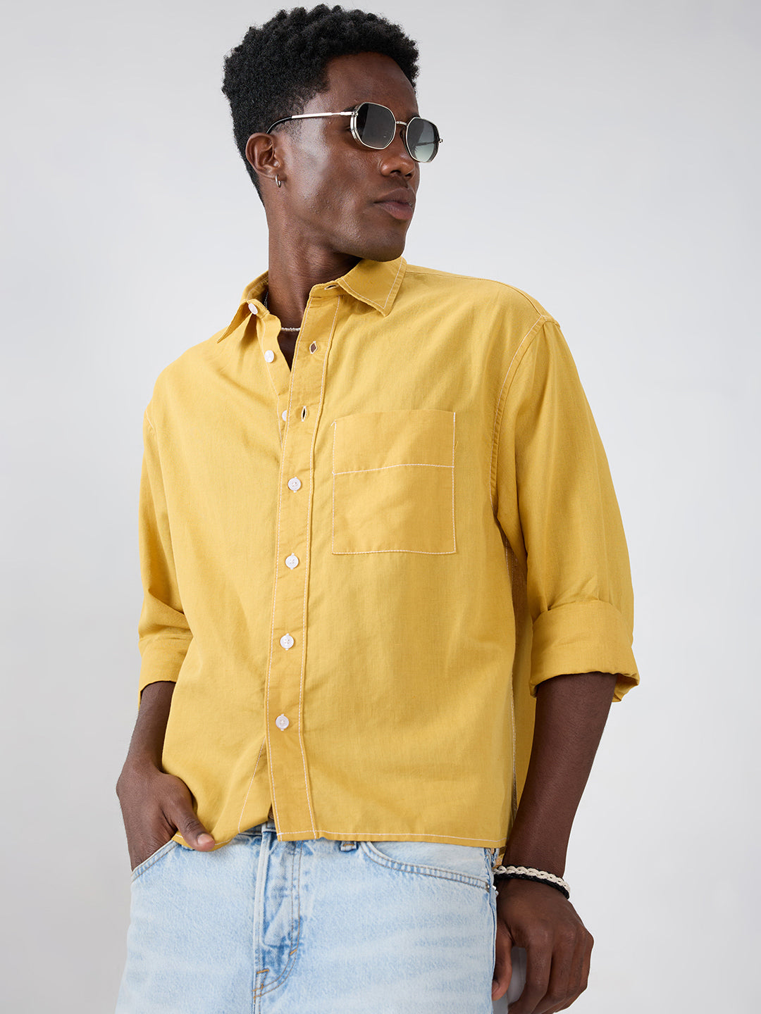 Luxe Mustard Contrast Stitch Linen Blend Boxy Fit Crop Shirt