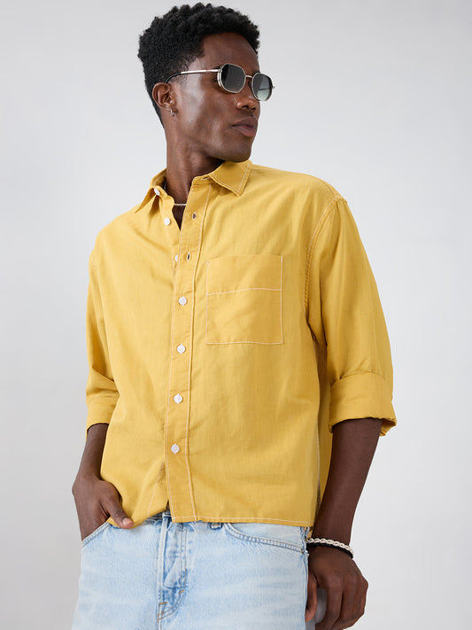 Luxe Mustard Contrast Stitch Linen Blend Boxy Fit Crop Shirt