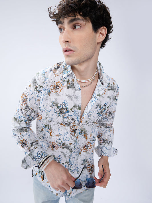 Floral Rush White Checks Canvas Luxe Shirt