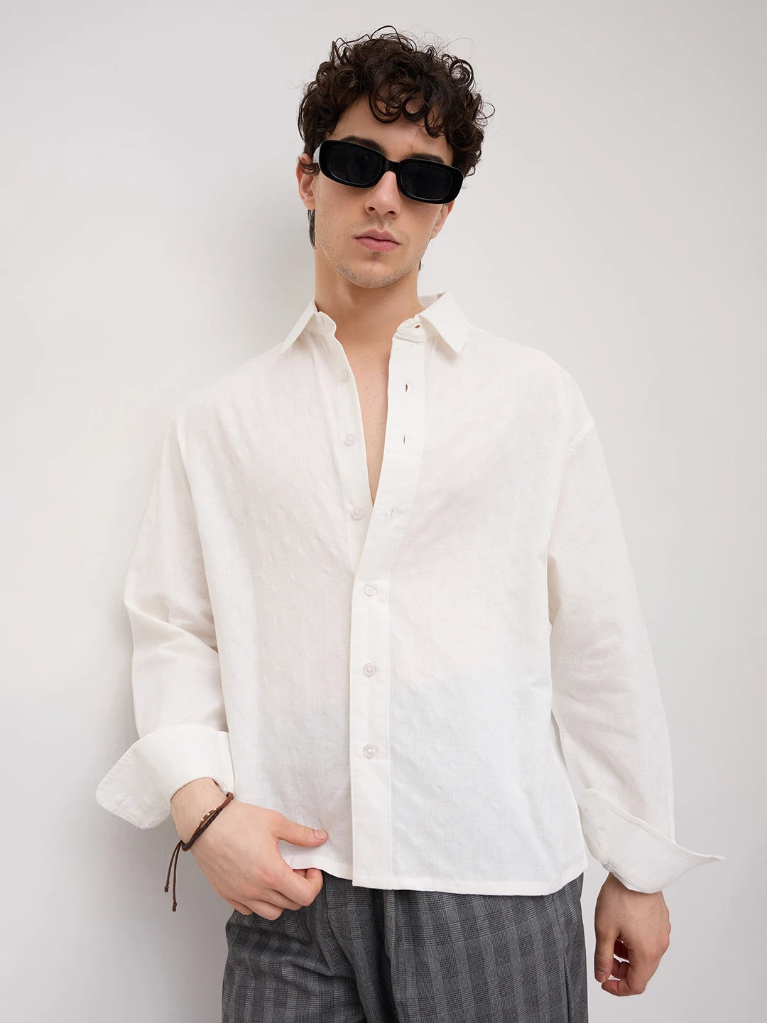 Luxe Pearl White Square Embossed Boxy Fit Crop Shirt
