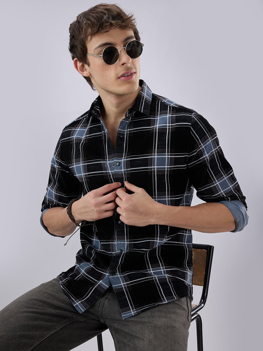Refined Black & Blue Plaid Checks Flannel Corduroy Shirt