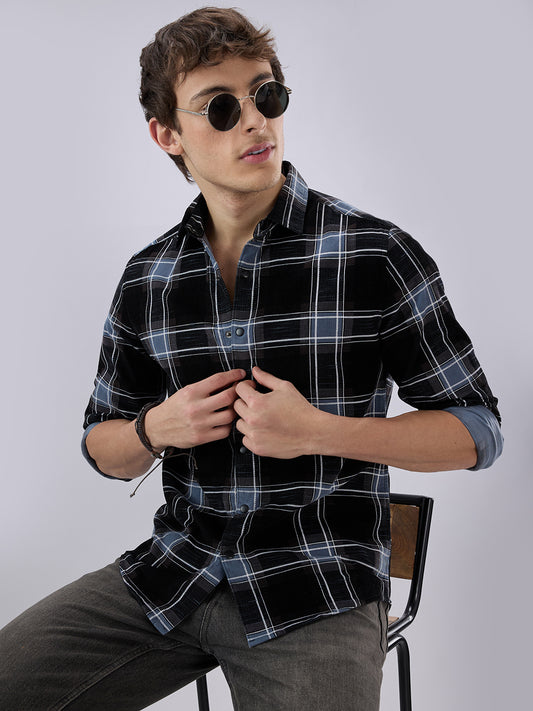 Refined Black & Blue Plaid Checks Flannel Corduroy Shirt