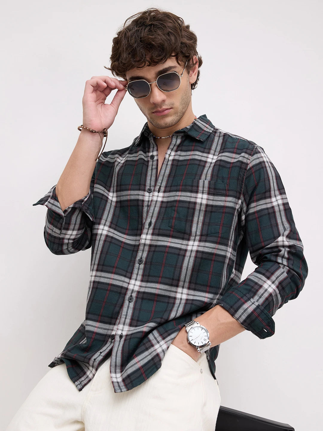 Deep Forest Green Contrast Checks Shirt