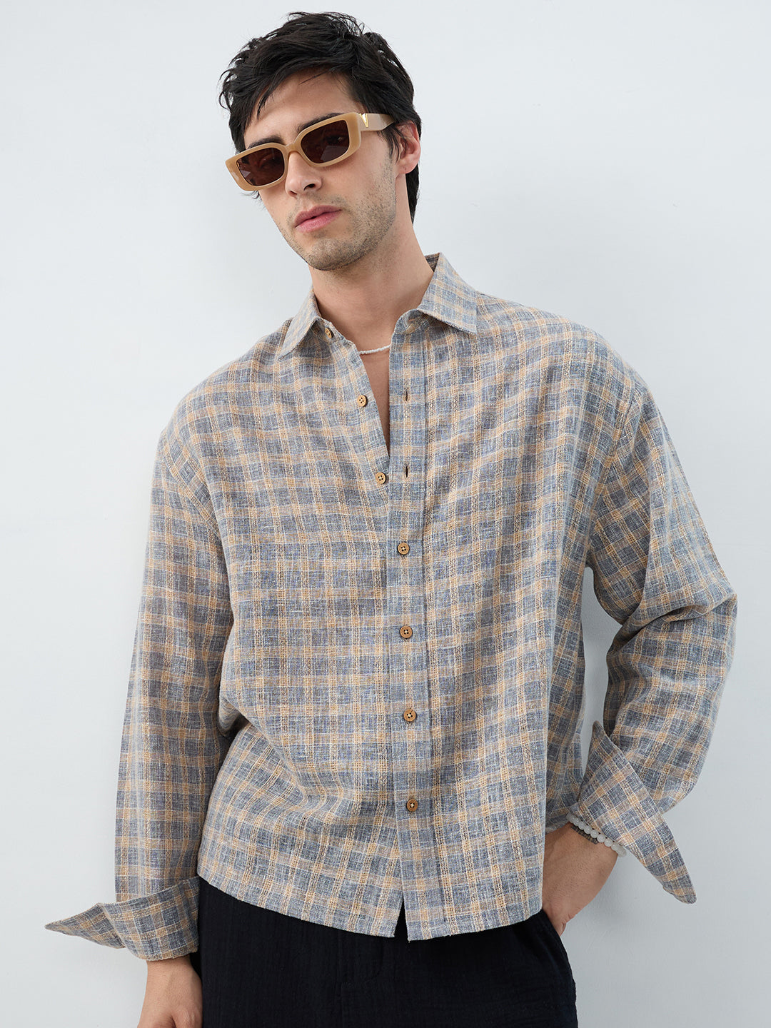 Fossil Grey Window Checks Linen Blend Boxy Fit Crop Shirt