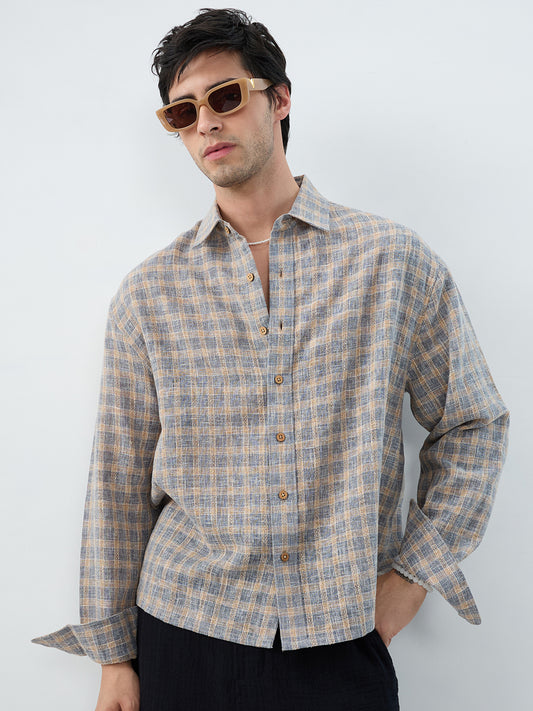 Fossil Grey Window Checks Linen Blend Boxy Fit Crop Shirt