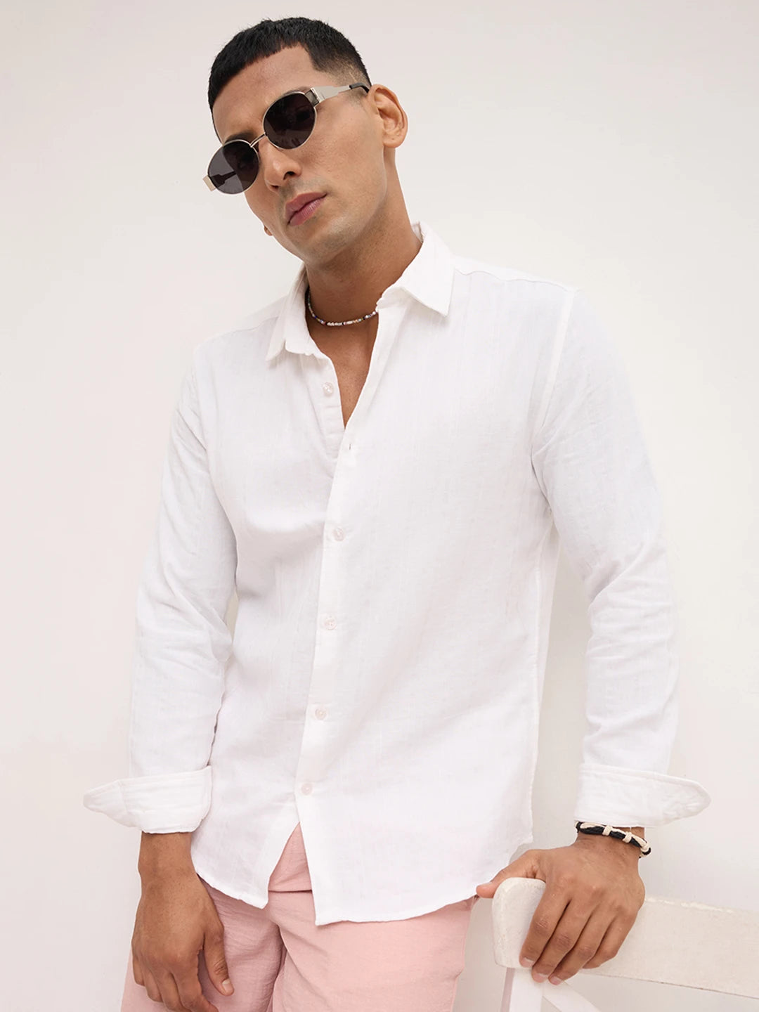 Classic White Double Cloth Striped Textured Shirt