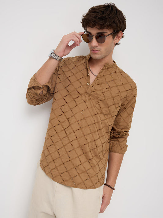 Copper Brown Diamond Embroidery Schiffli Kurta