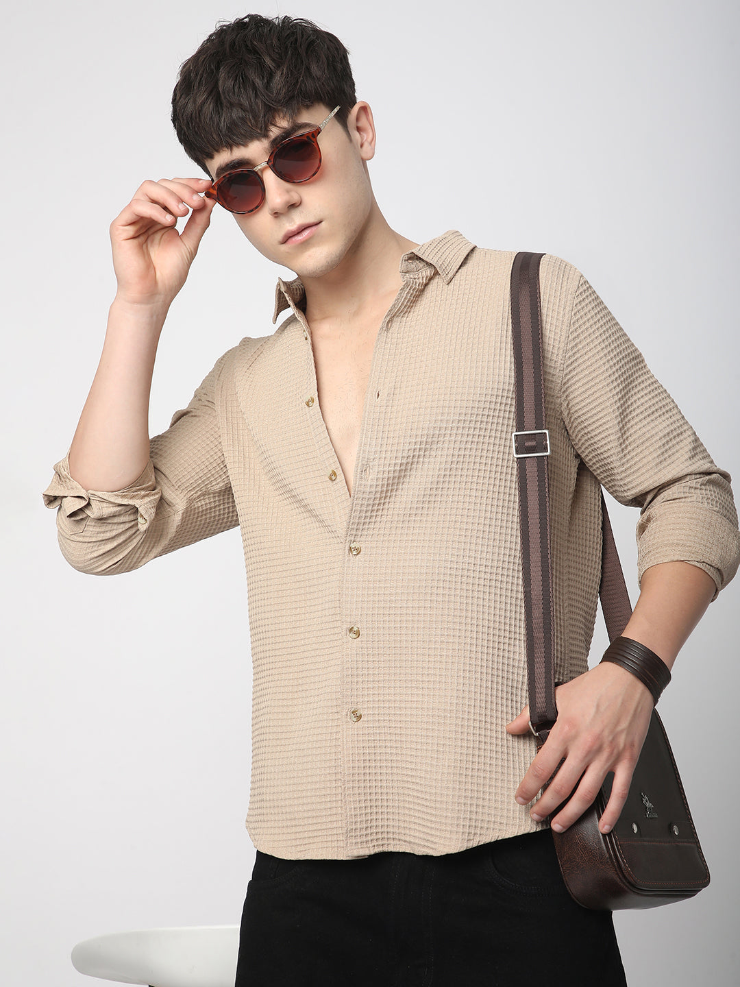 Beige Tiny Box Checkered Emboss Shirt