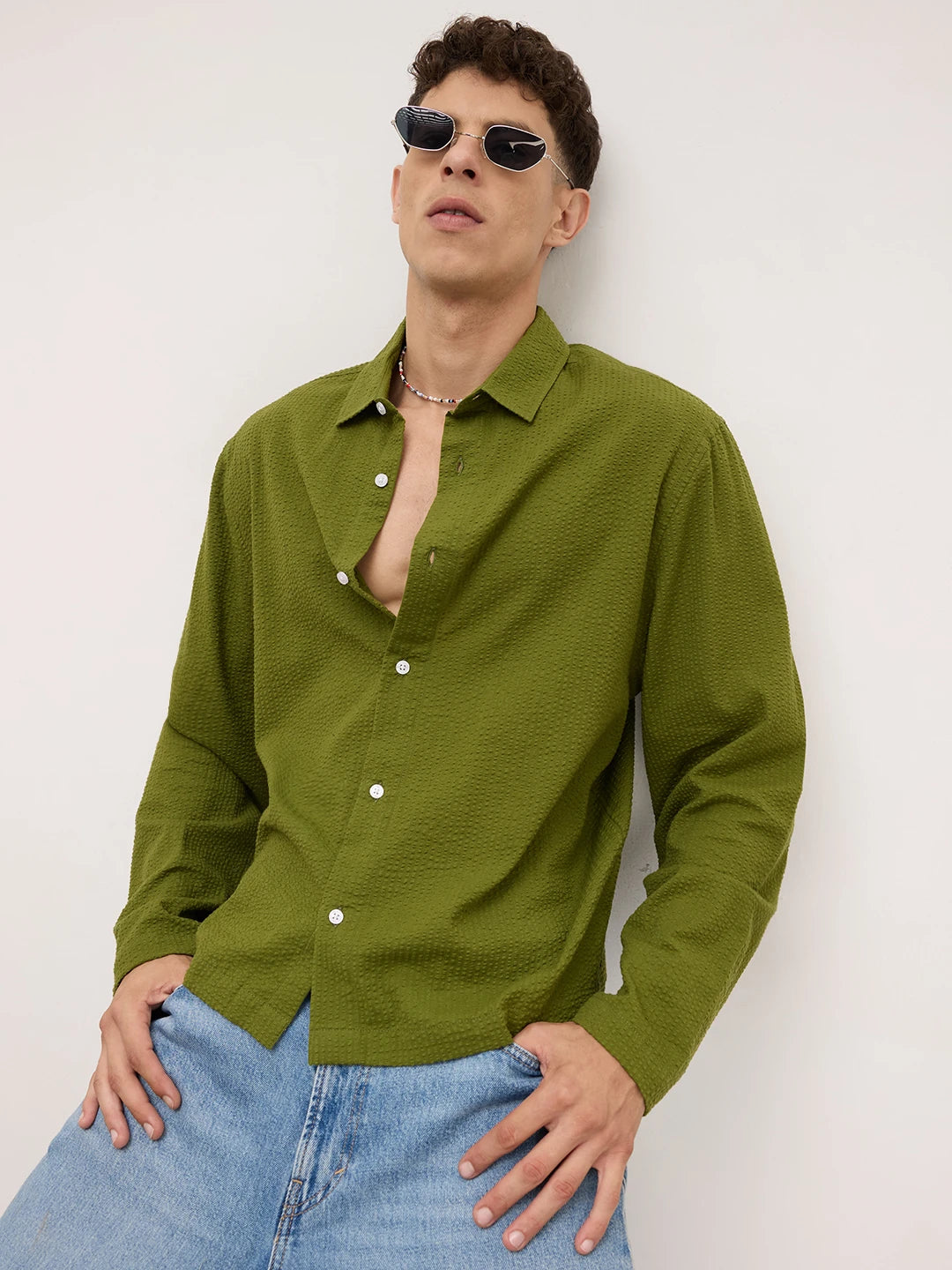 Forest Green Seersucker Cuffless Oversized Shirt