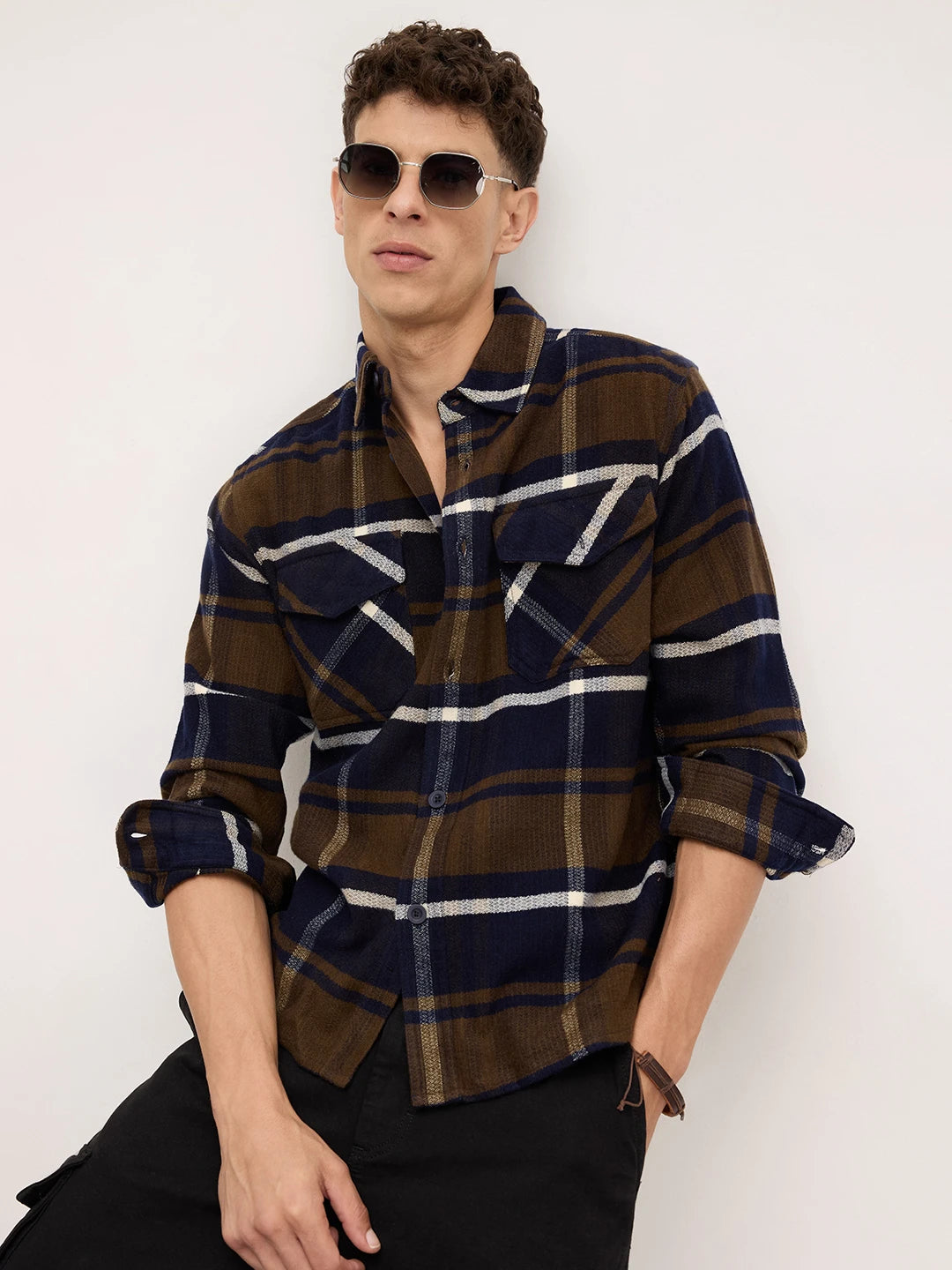 Walnut Brown & Navy Plaid Checks Double Pocket Flannel Shirt