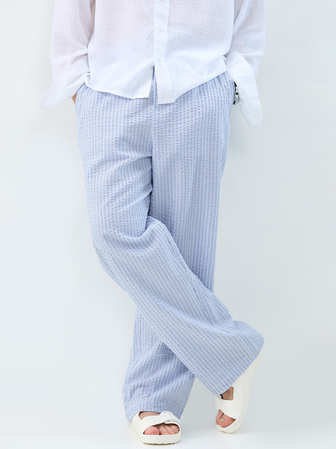 Multi-Tone Vertical Seersucker Striped Straight-Fit Trousers