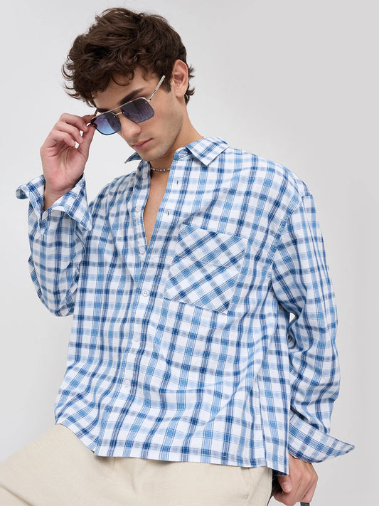 Denim Marine Ivory Interlock Framed Check Boxy Fit Crop Shirt