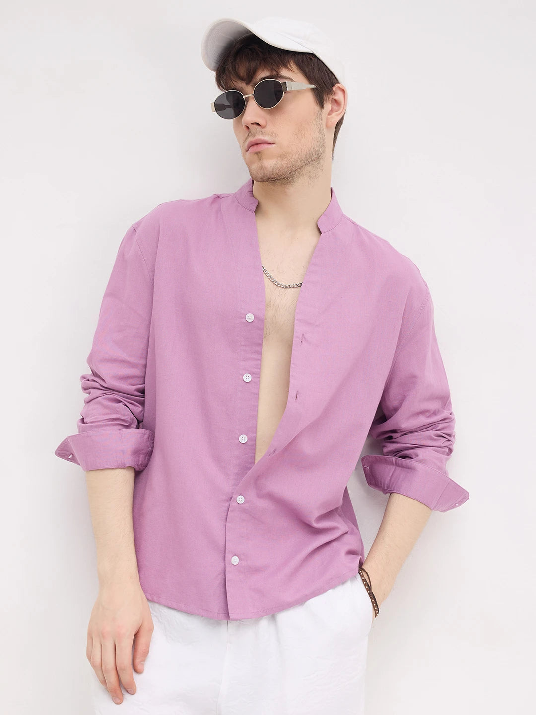 Rich Lilac Linen Blend Stand Collar Oversized Shirt