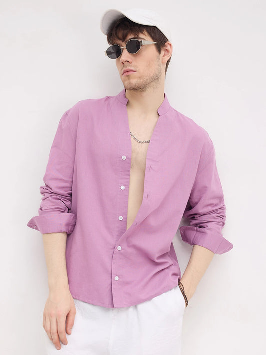 Rich Lilac Linen Blend Stand Collar Oversized Shirt