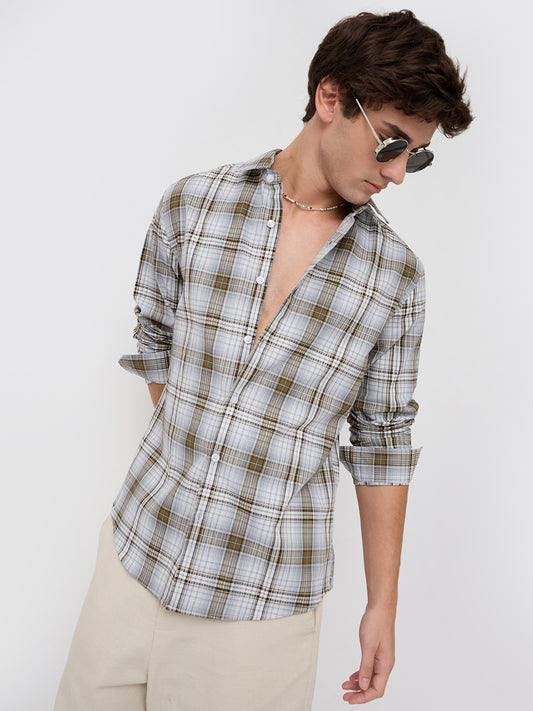Olive & Grey Fine Plaid Checks Shirt