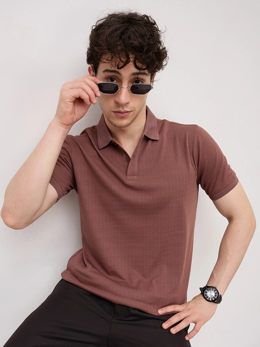 Cocoa Brown Checks Weave Polo Tee