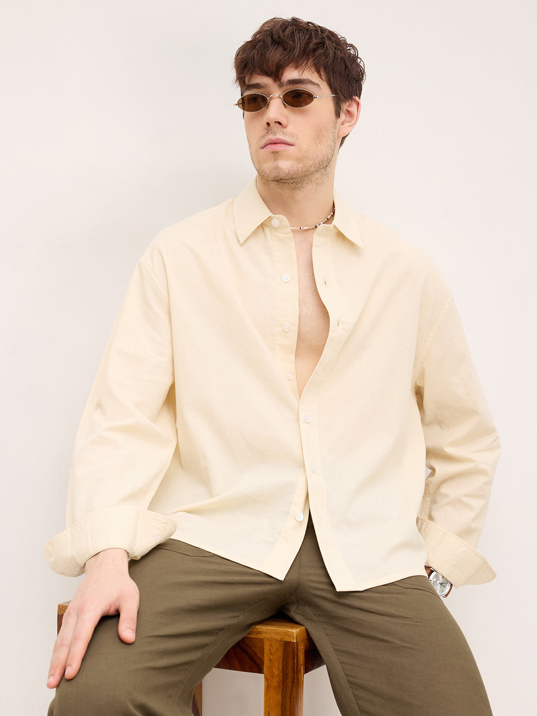 Bisque Beige Lyocell Boxy Fit Crop Shirt