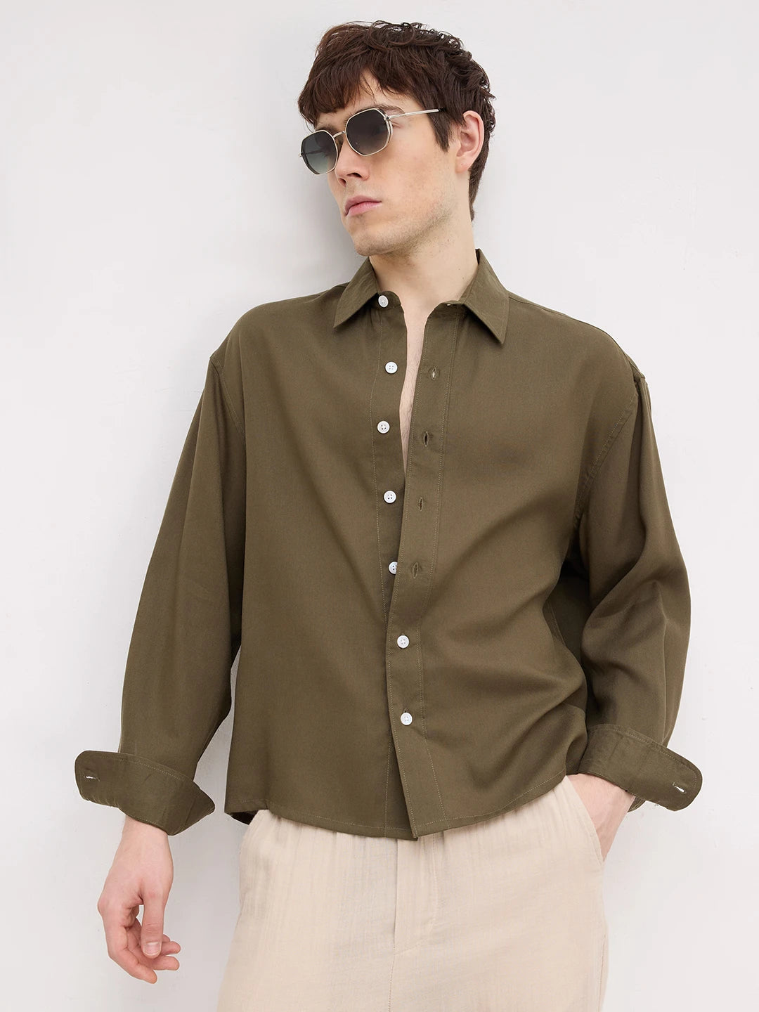 Deep Olive Boxy Fit Crop Shirt