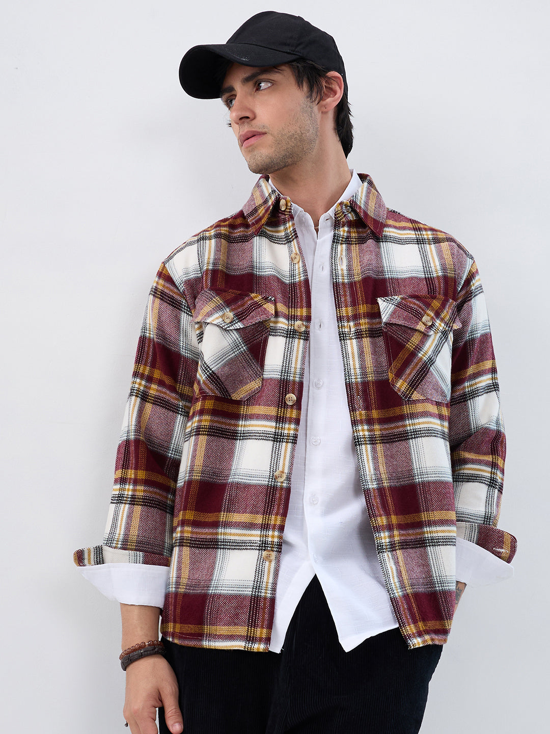 Cherry Red & White Checks Double Pocket Flannel Shirt