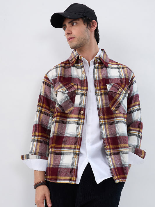 Cherry Red & White Checks Double Pocket Flannel Shirt