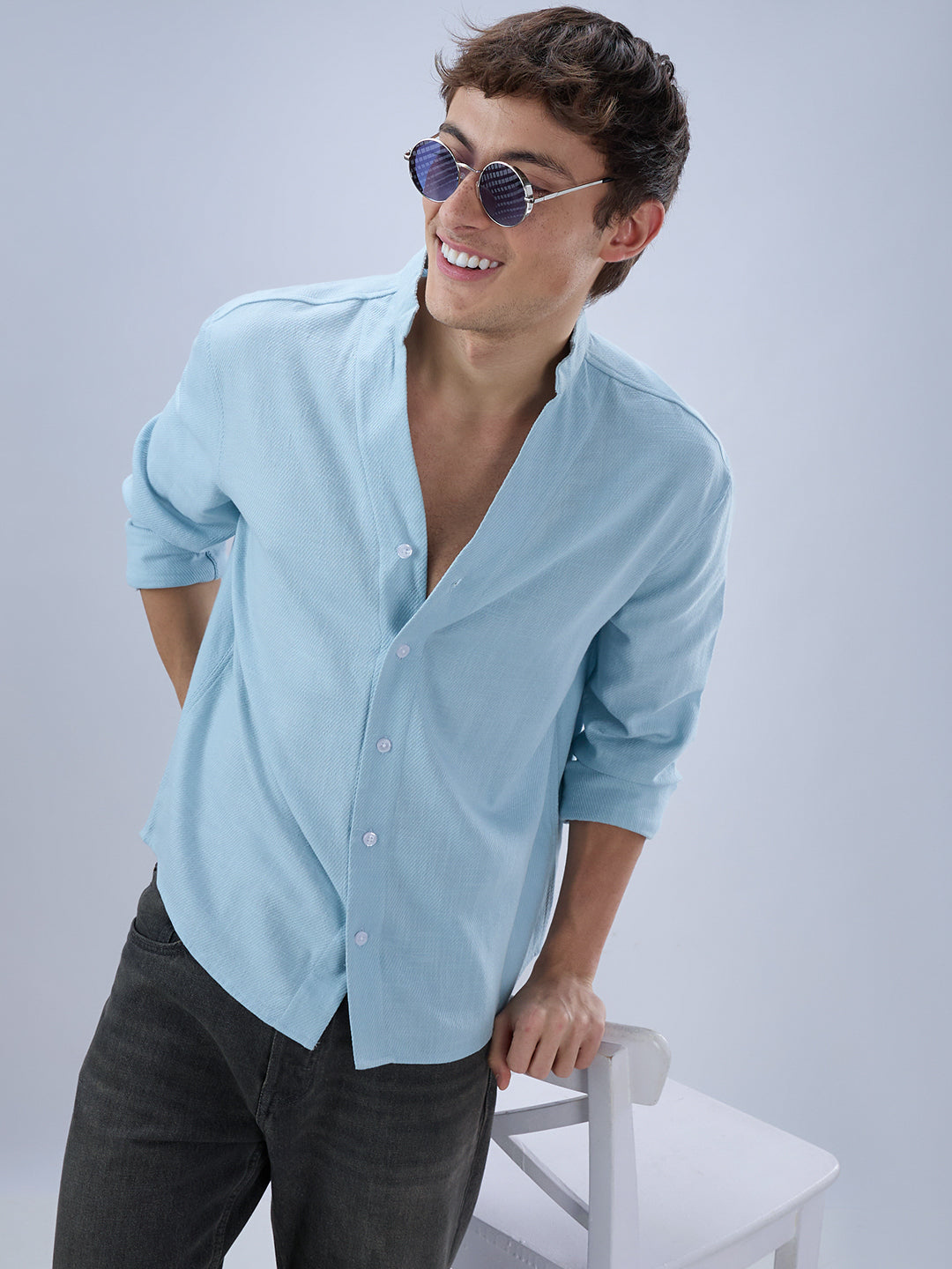 Soft Baby Blue Diagonal Textured Stand Collar Oversized Shirt