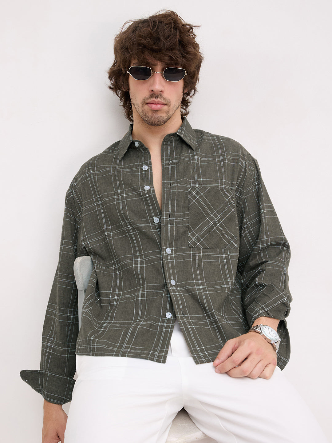 Earthy Olive Contrast Windowpane Checks Boxy Fit Crop Shirt