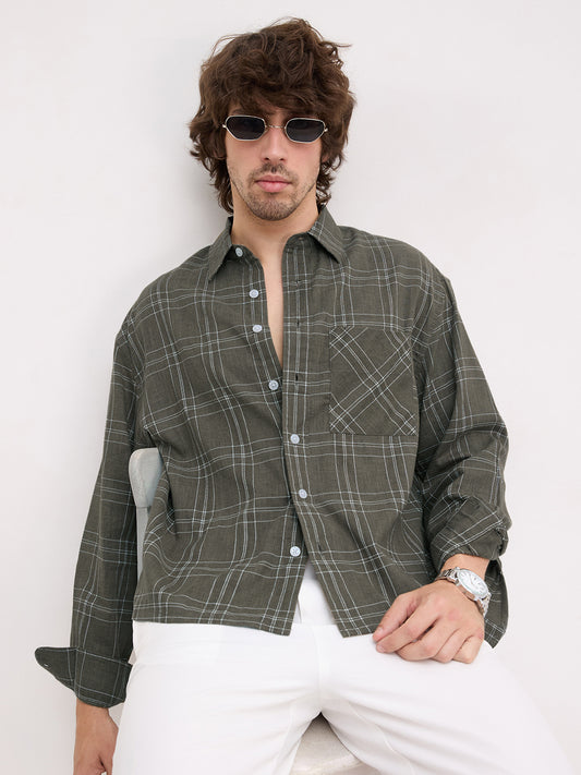 Earthy Olive Contrast Windowpane Checks Boxy Fit Crop Shirt
