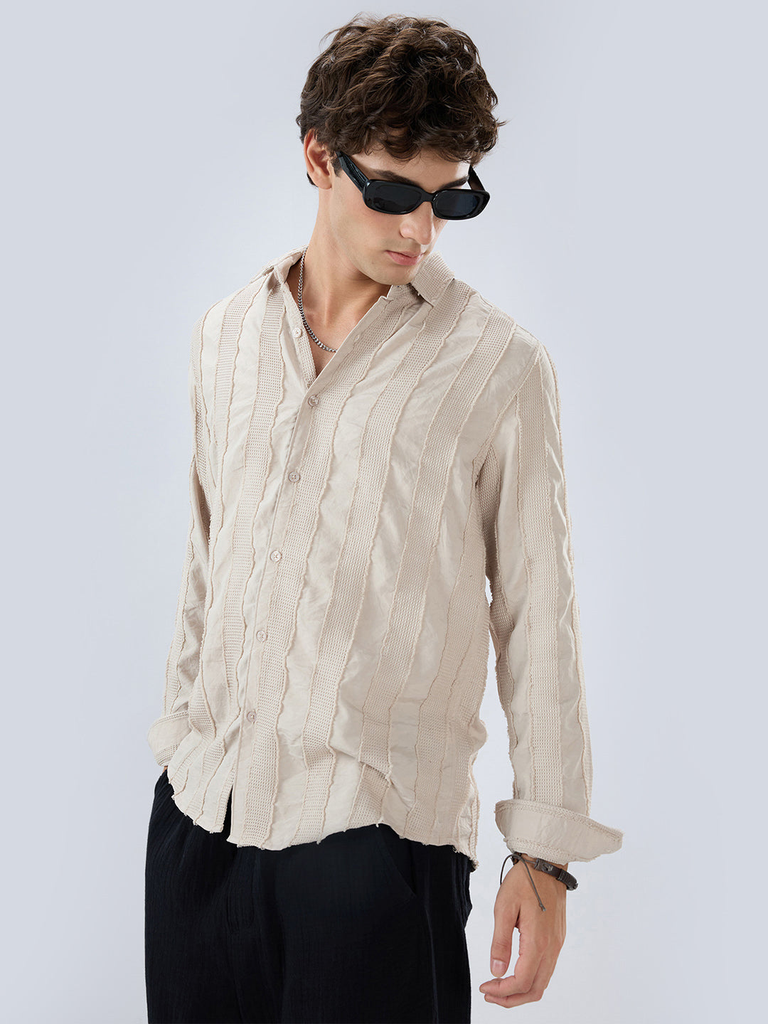 Bisque Beige Frayed Panelled Waffle Textured Shirt