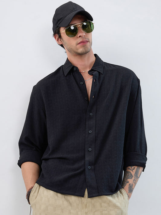 Timeless Black Subtle Textured Boxy Fit Crop Shirt