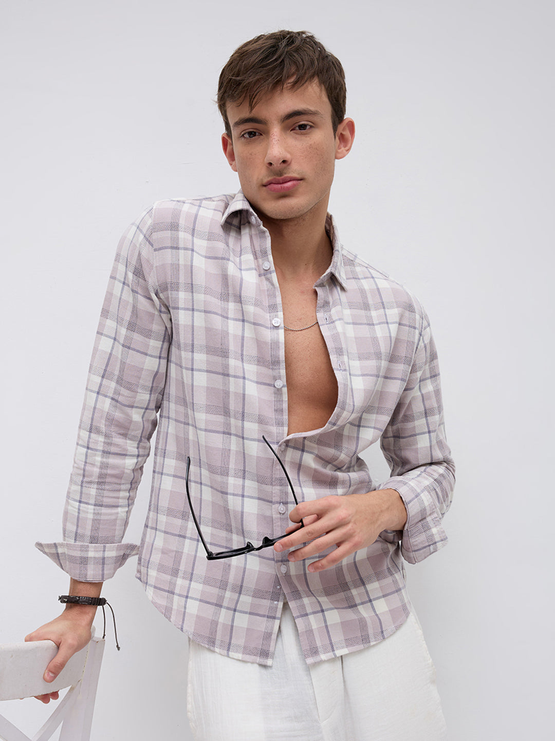Dusty Pink Micro Herringbone Windowpane Checks Shirt