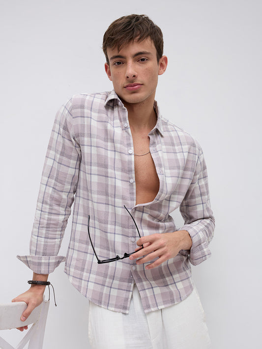 Dusty Pink Micro Herringbone Windowpane Checks Shirt