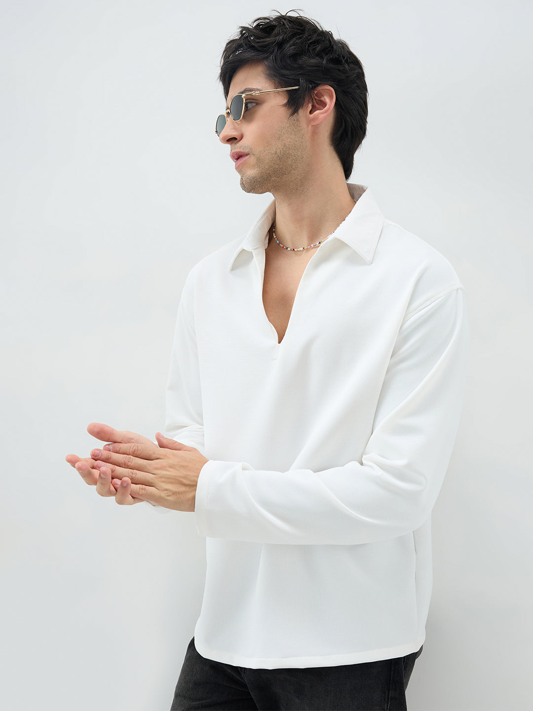 Snow White Oversized Polo Tencel Knit Shirt