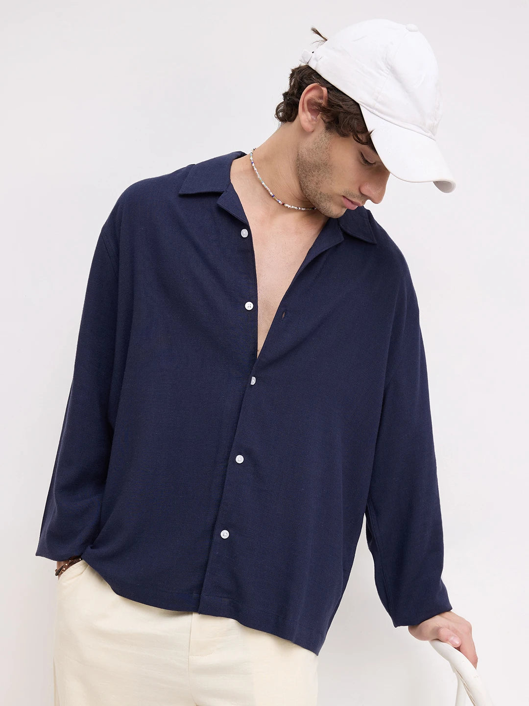 Luxe Navy Fine Textured Linen Blend Notch Collar Oversized Shirt