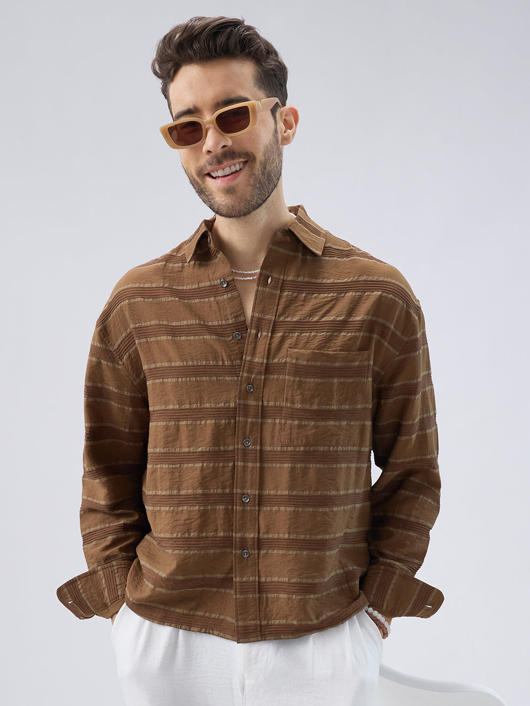 Coffee Brown Textured Boxy Fit Crop Shirt