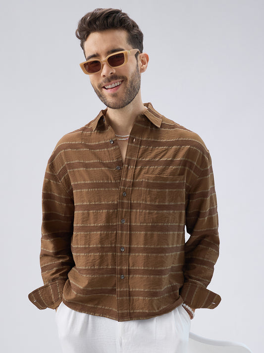 Coffee Brown Textured Boxy Fit Crop Shirt
