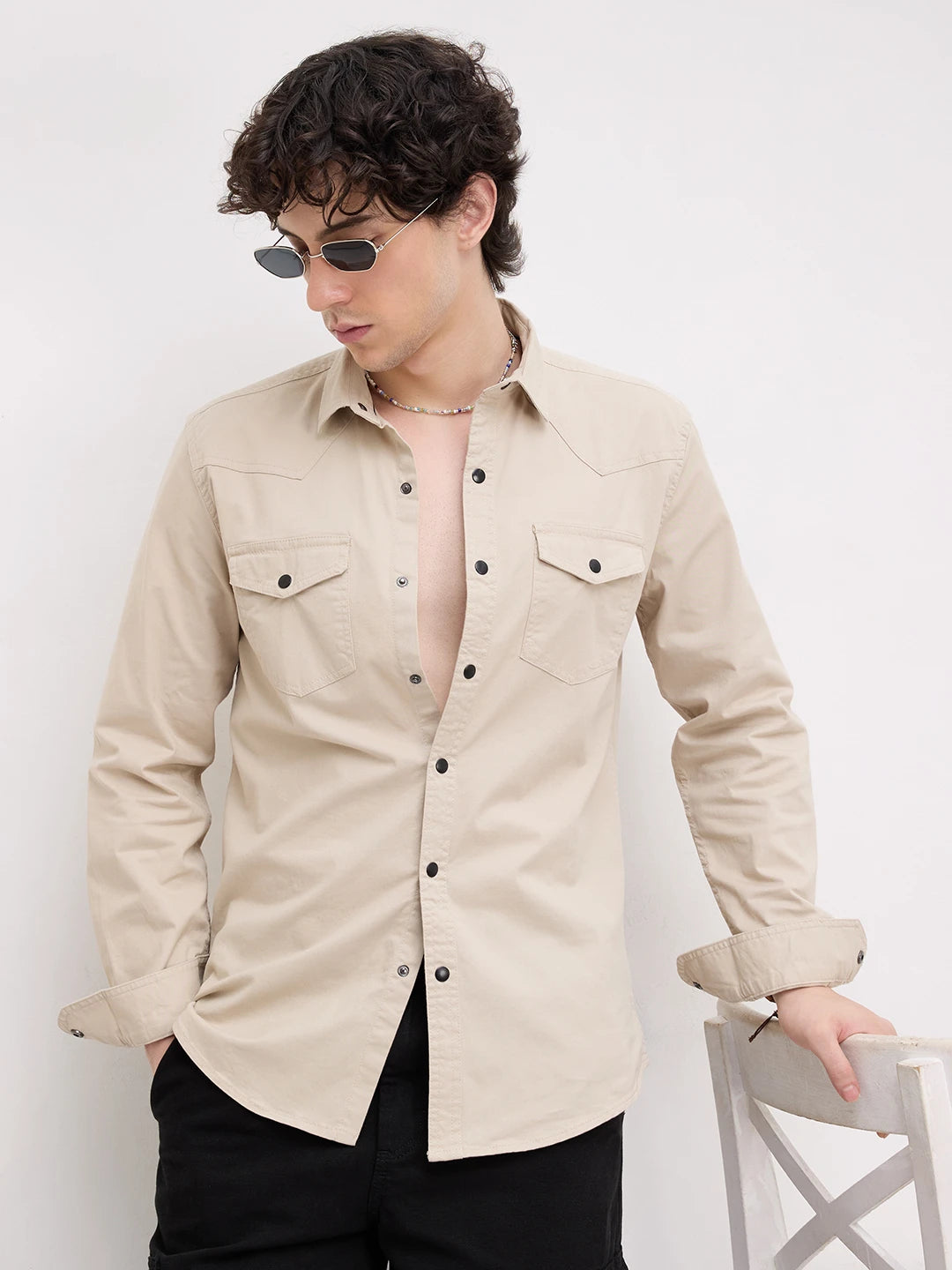 Stone Beige Contrast Stitch Twin Pocket Shirt