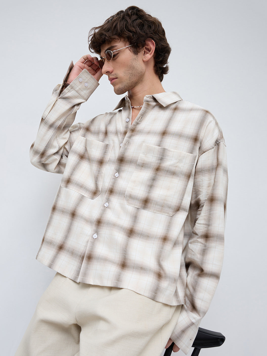 Beige & Brown Twin Pocket Boxy Fit Crop Shirt