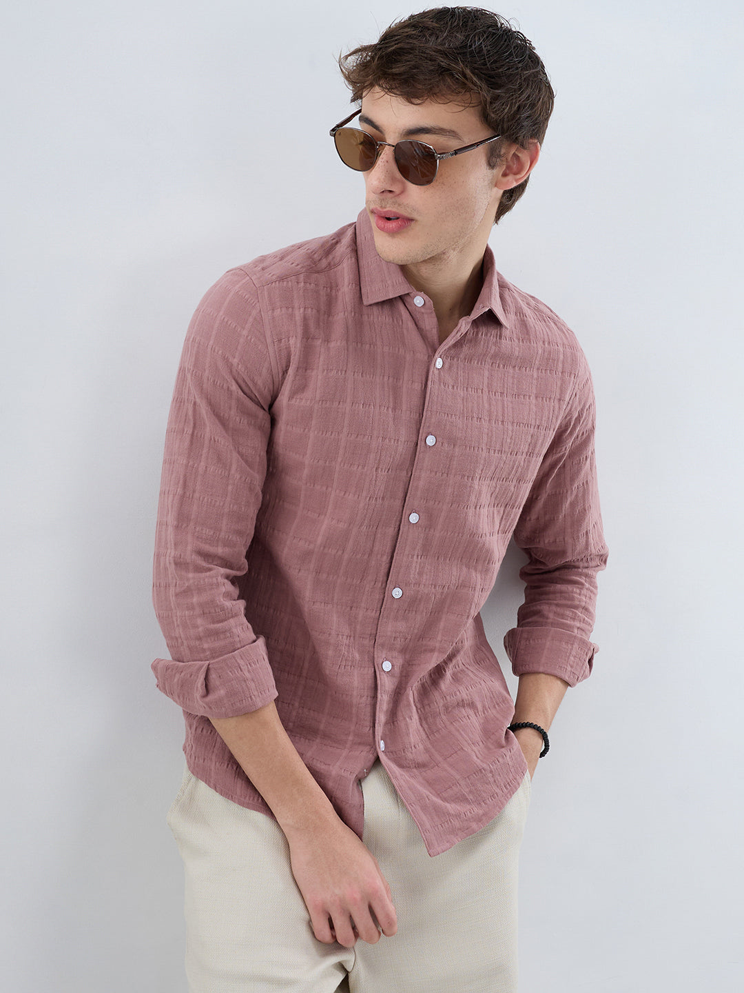 Dusty Peach Box Weave Seersucker Double Cloth Shirt
