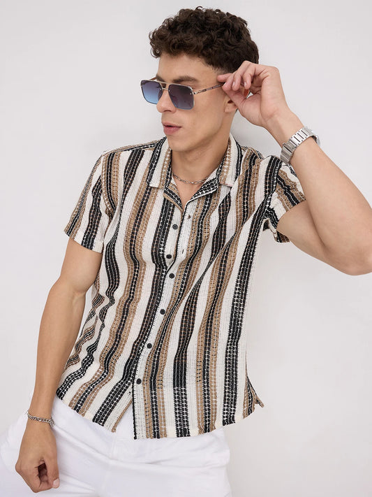 White Boho Weave Striped Crochet Shirt