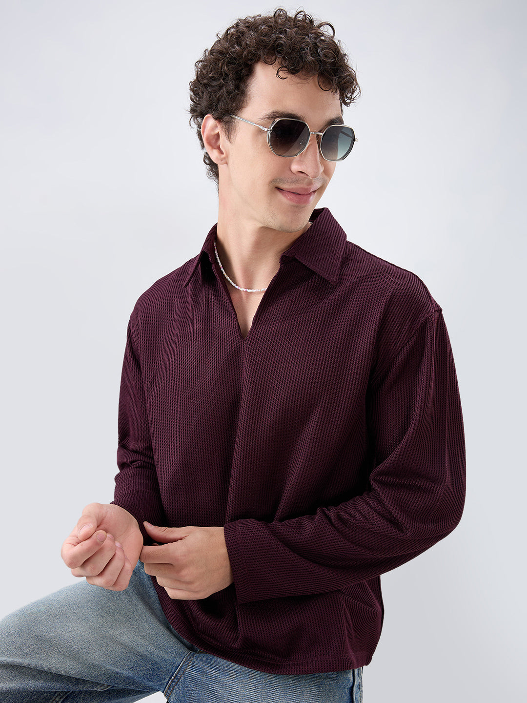 Refined Wine Textured Knitted Oversized Polo Shirt